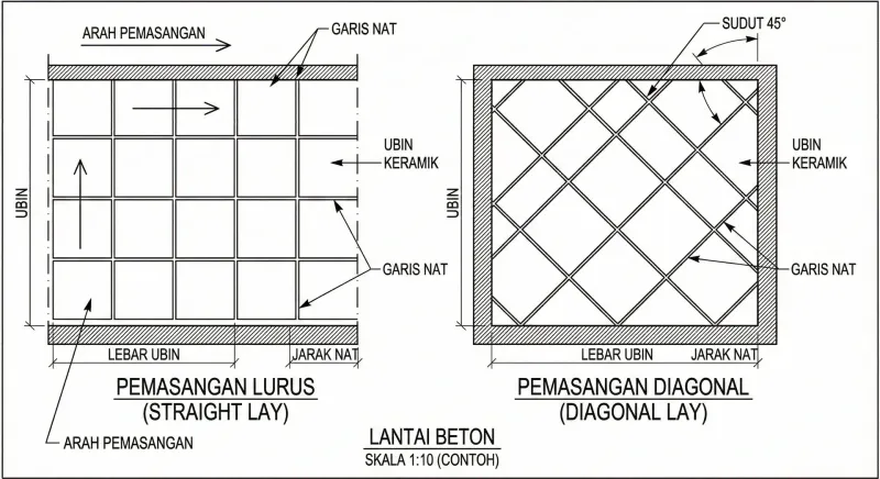 Ilustrasi pemasangan keramik motif diagonal vs lurus