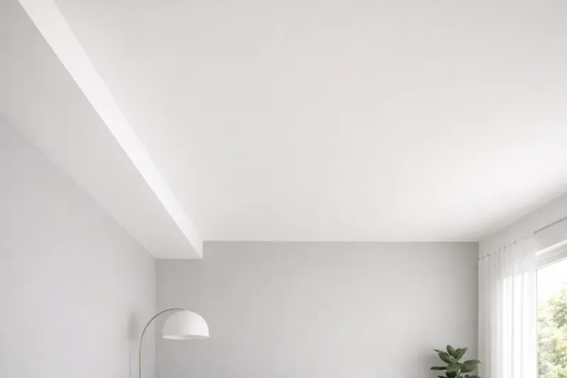 Ilustrasi plafon warna putih cerah vs dinding abu muda