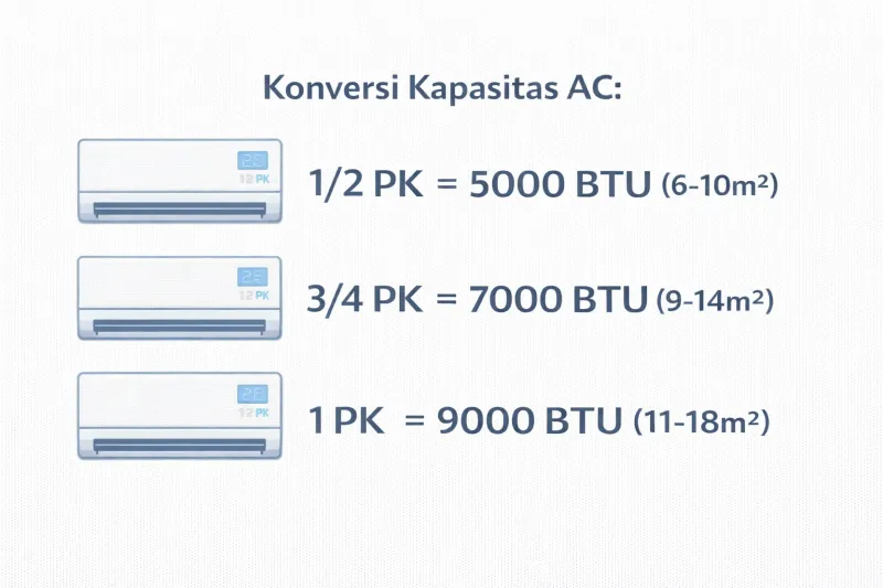 Tabel Konversi PK AC ke BTU dan Luas Ruangan